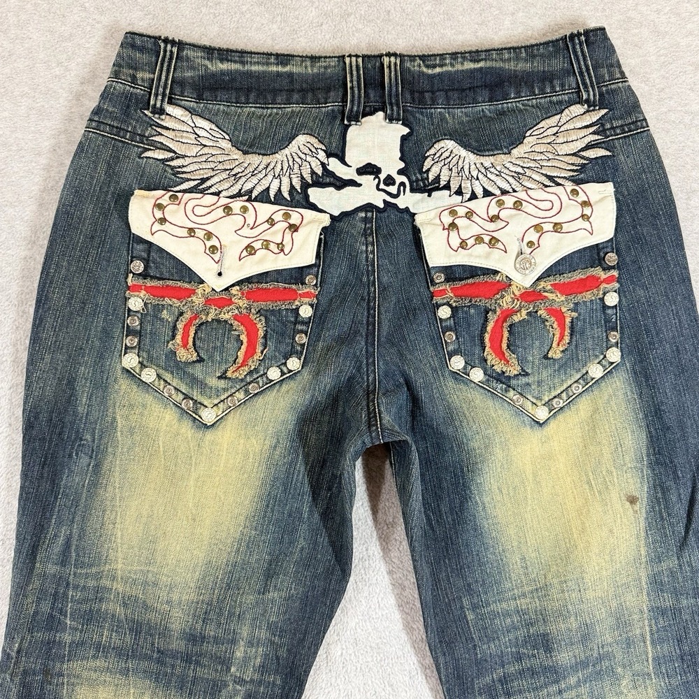 Vintage Y2K Embroidered Jeans Women 33x28 Faded Flap Pockets Skull Wings Studded
